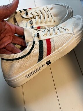 Men's Cream Knit Slip-On Sneakers with Red & Green Stripe Accent